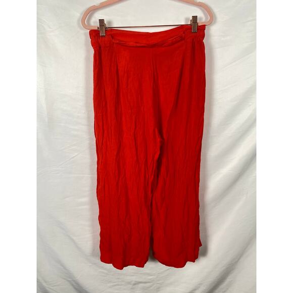 H&M Women Red Cullote Crop Paperbag Pants Pockets Belted Elastic Waist Size 8 - Picture 9 of 10